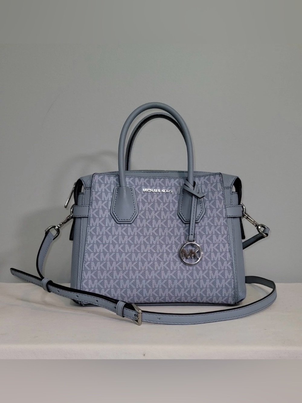 Michael Kors Mercer Satchel Crossbody Pale Blue Monogram Canvas Small